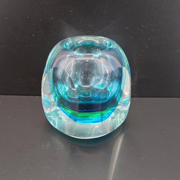 Murano Flavio Poli Sommerso Block Vase Faceted Turquoise Blue Green Heavy 4 Inch
